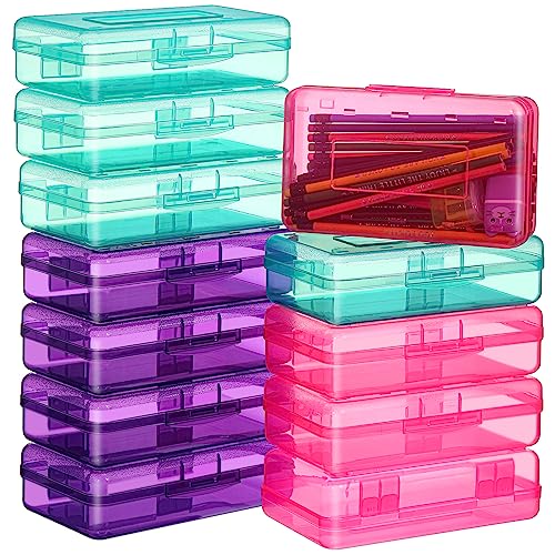 Image of Fainne 24 Pack Clear Plastic Pencil Box,Turquoise, Purple, Pink | Stackable Organizer for School Supplies, Large Case for Crayons Markers, Snap-lid Keeps Stationery Secure, Bulk Set