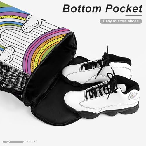 Drawstring Gym Backpack with Shoe Compartment And Wet Pocket, 28L Lightweight Waterproof Rainbow And Clouds Sports Backpack for Workout Swim Beach Travel String Bag for Men Women4