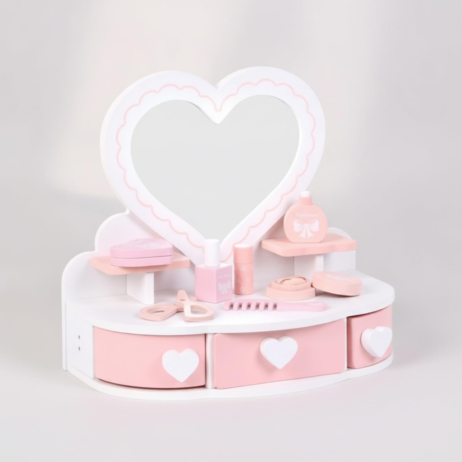 Tocador Infantil con Espejo Seguro Tocador con Cajón Irrompible Mesa Maquillaje para Niñas, Tocador De Madera Clásico con Espejo Redondo Y Cajón, Diseño De Juguete De Simulación para Niñas