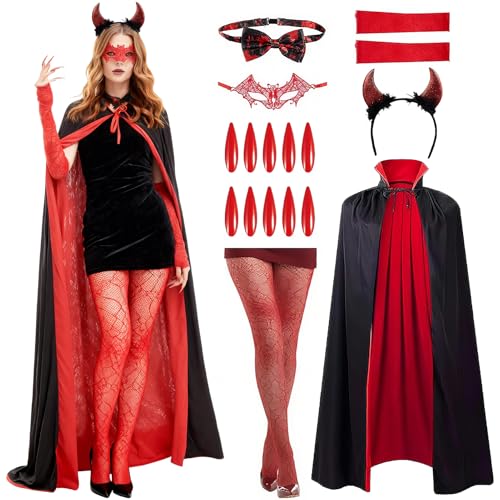 Gillterway 16 Pièces Deguisement Halloween Femme, Deguisement Diable Femme, Cape Noire avec Corne Diable, Costume de Diable pour Femme, Cape Vampire Fille, pour Halloween, Carnaval, Bal Masqué (M)