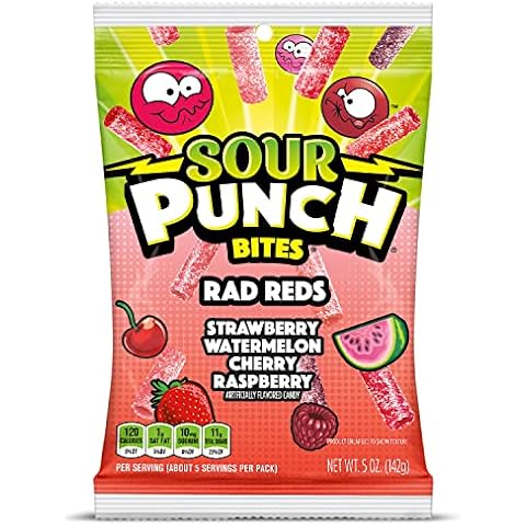 Sour Punch Bites, Rad Reds Watermelon, Strawberry, Cherry & Raspberry Chewy Candy, 5oz Bag (Pack of 12) (Packaging may vary) Cover