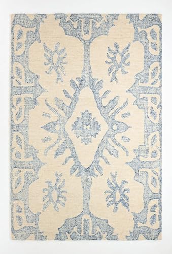 Image of Handmade 100% Wool Pile Area Rug - Traditional Medallion Design with Cotton Backing | Thick, Durable, & Textured Tufted Carpet for Living Room, Bedroom, Dining Area or Office Decor (Beige, 5' x 8')