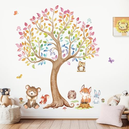 wondever Stickers Muraux Grand Arbre Enfant Autocollants Muraux Mural Stickers Animaux Forêt Renard Hibou pour Chambre Enfants Bébé Pépinière Salon