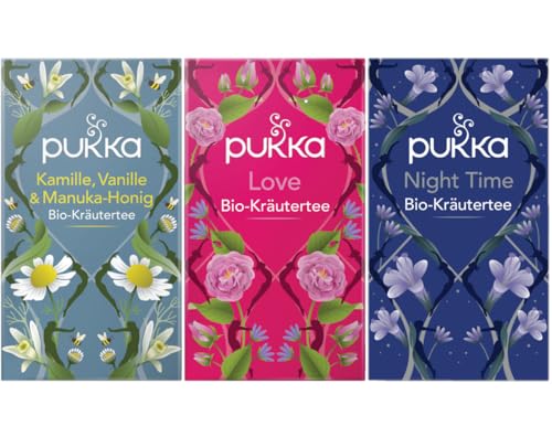 Pukka - Bio-Kräutertee 'Entspannung & Gelassenheit' - Tee Mix - 60 Teebeutel (20 x Kamille, Vanille & Manuka-Honig, 20 x Love, 20 x Night Time)