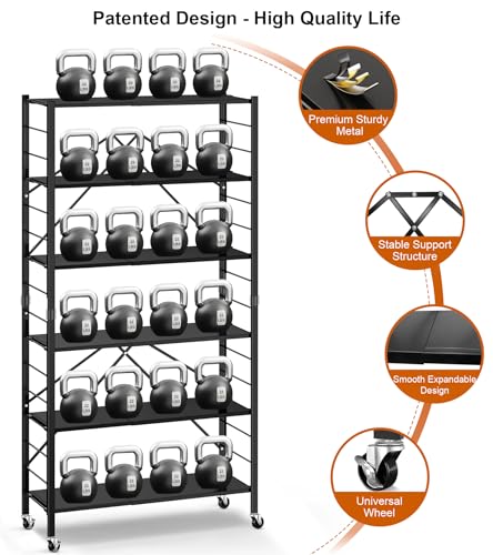 Image of Himix 6-Tier Foldable Storage Shelves with Wheels Adjustable Kitchen Black | Folding shelving units, Metal collapsible organization, Metal shelf, Changeable into 2 shelf units, Garage