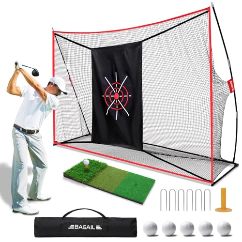 BAGAIL Golf Net, 10 x 7 ft Heavy Duty Golf Practice Net and Tri-Turf Mat, Portable Golf Net with Carry Bag, Golf Training Aid Hitting Driving Chipping Nets for Backyard Outdoor Indoor - G9 Pro, Red