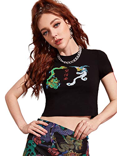 SweatyRocks Women's Basic Crop Tops Stretchy Casual Dragon Graphic Short Sleeve T-Shirt Black M