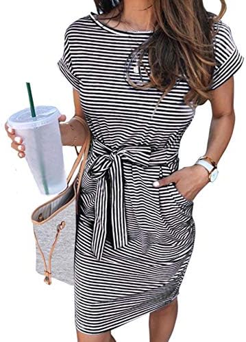MEROKEETY Women's Summer Striped Short Sleeve T Shirt Dress Casual Tie Waist Midi Dress, Black, M