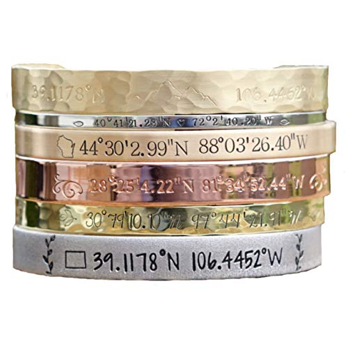 Personalized Coordinate Cuff Bracelet in Silver, Bronze, Nickel, Gold, or Copper, 5-8