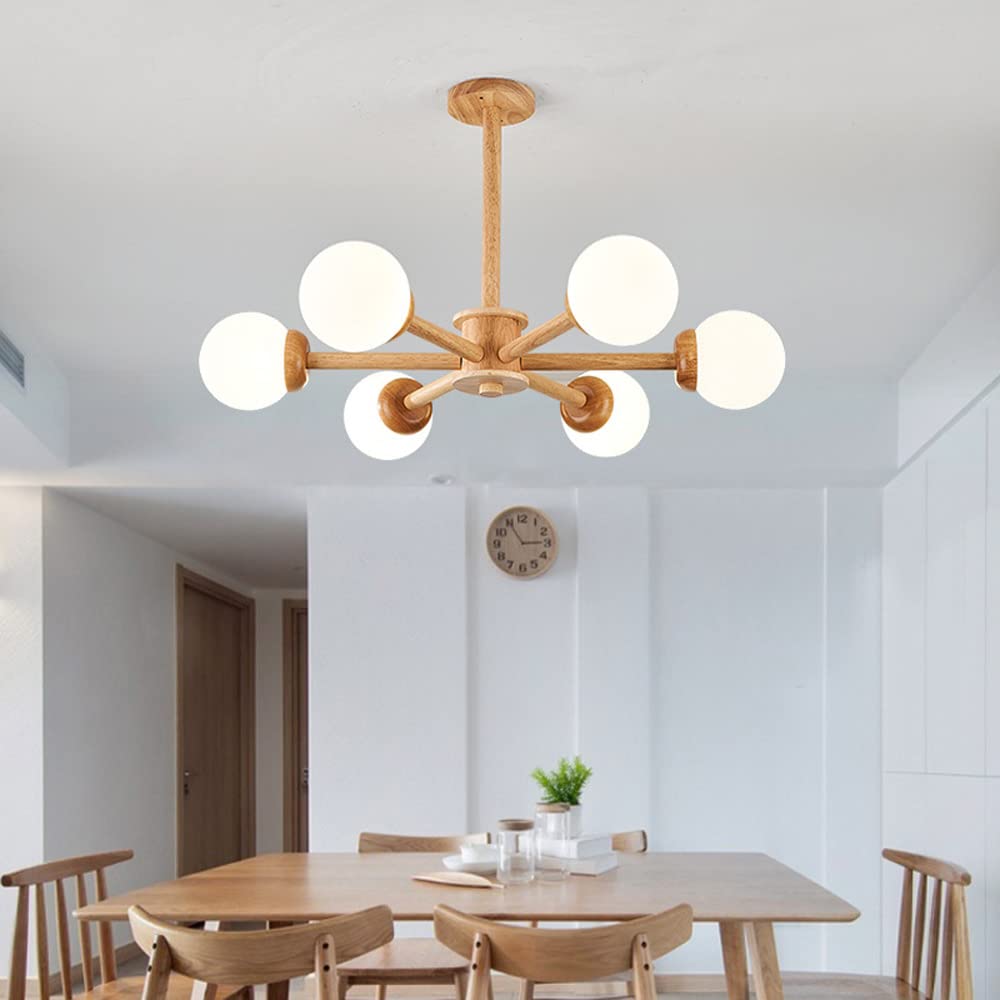 Lustre en chêne de ferme à 6 lumières et verre blanc E26