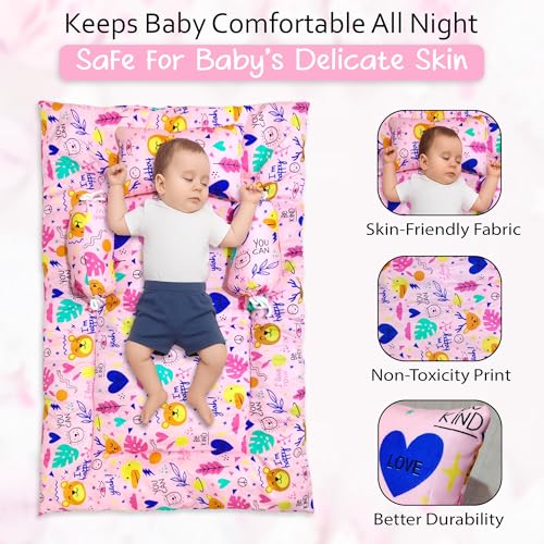 Image of GLUN 4 Piece Newborn Baby Cotton Bedding Set, Pink Colour for Girl (1 Bed, 2 Round Pillow, 1 Head Shaping Pillow), High Quality Fibre Cotton, Maternity, Newborn Essentials Accessories