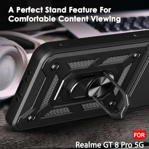 Image of TheGiftKart Tough Armor Bumper Back Cover Case for Realme GT 8 Pro 5G | Rotating Camera Cover, Kickstand & Ring Holder | 360 Degree Protection Back Cover Case for Realme GT 8 Pro 5G (PC & TPU, Black)