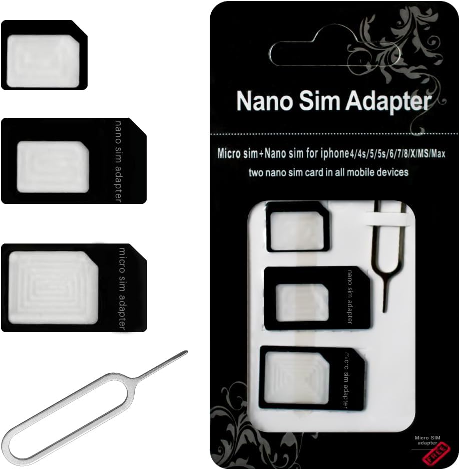 SIM Card Adapters, 4-in-1 SIM Converter Kit Nano/Micro/Standard with Tray Eject Pin for iPhone, Android Smartphones and Mifi Hotspot Devices - 1 Pack