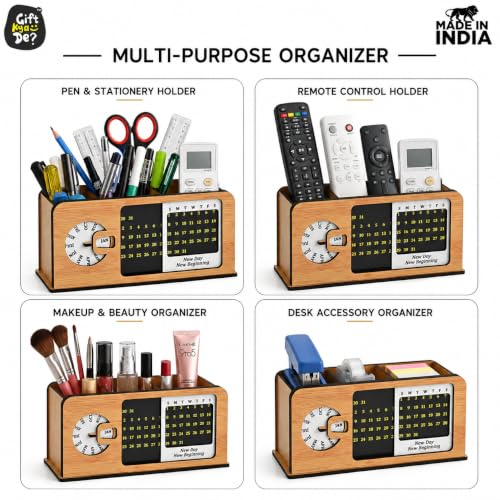 Image of GKD Wooden Desk Organizer with Perpetual Calendar & Pen Stand for Office Desk, Study Table Accessories, Multipurpose Stationery Holder with 3 Compartments, Retro Radio Design Table Decor for Home, Office & Students