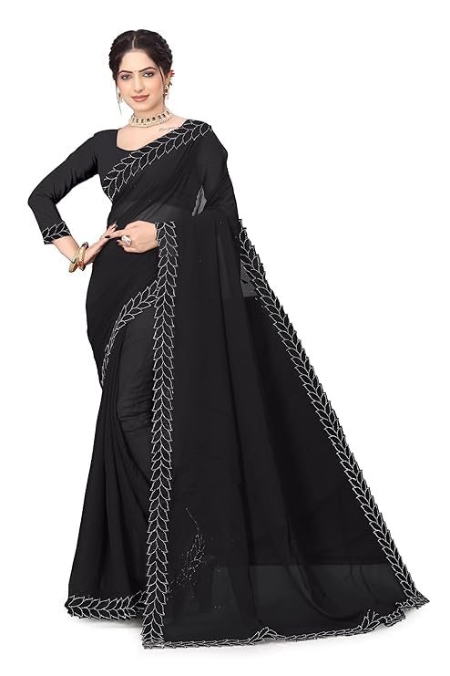 MITRA CREATION Women's Georgette Embroidered Saree (Black Bery_New)-image-38
