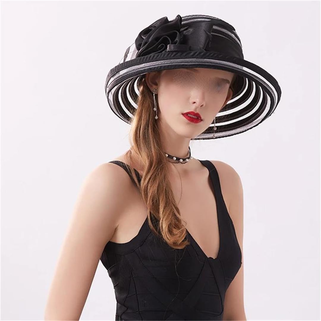 Yeuyyben Accessori da donna estivi in organza a tesa larga cappelli da sole da donna per matrimonio chiesa festa elegante fiocco Fedora cappello