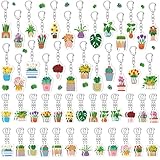 Landical 50 Pcs Plant Keychain Bulk Spring Flower Key Ring Gifts Plant Pot Acrylic Keychain for Women Men Adult Pool Birthday Decor