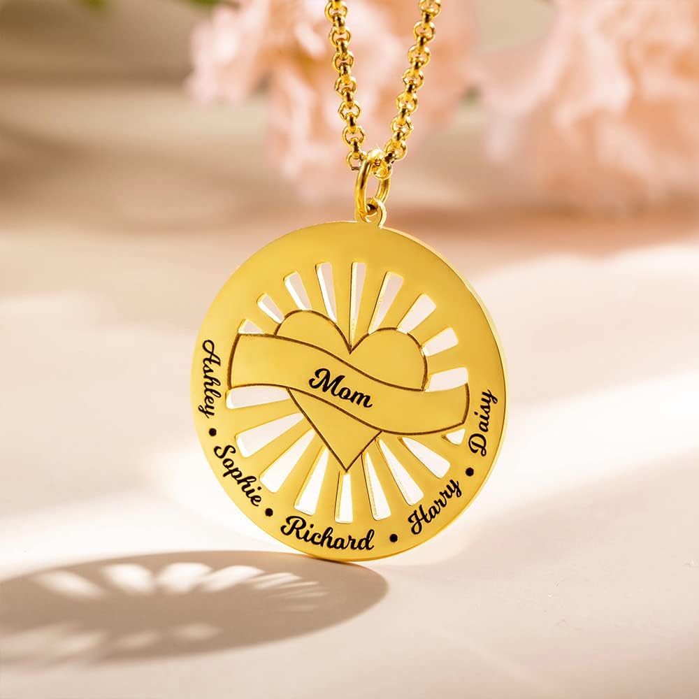 AILIN Custom Round Sunshine Mom Necklace 925 Sterling Silver/Stainless Steel Personalized 1-9 Family Names Pendant Necklace Birthday Jewelry Gifts For Women Mother Grandma