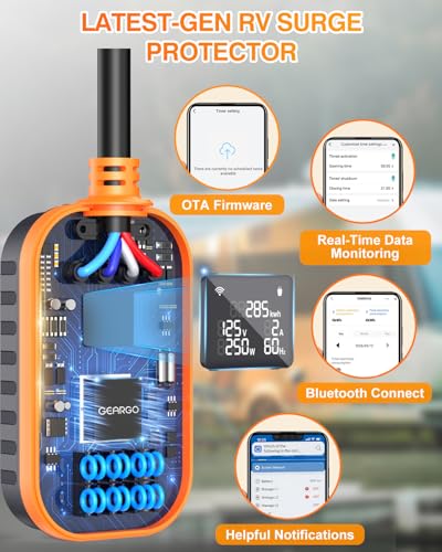 Image of GEARGO New-Gen RV Surge Protector 30 amp with Bluetooth & APP, 15000J Circuit Analyzer with Large LED Screen, Real-Time Monitoring, IP68 Waterproof with Protective Cover for RV Camper Travel Trailer
