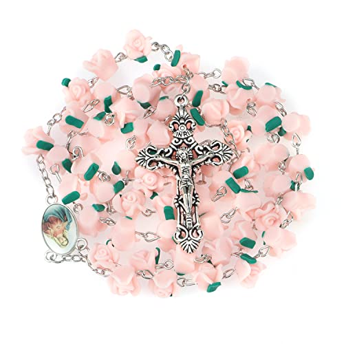 Alternative view of WHLHMK Rosary Beads Catholic with Rose Jewelry Box, Polymer Clay Rose Rosary Necklace with Vintage Metal Jewelry Box, Confirmation Gifts for Christian Gifts for Women Catholic Gifts(Pink)