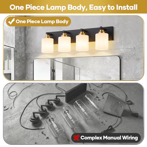 Image of Vanity Lights for Bathroom, 4-Light Black and Gold Bathroom Vanity Light Over Mirror with Milky White Glass Shades, Modern Bathroom Light Fixtures for Living Room Hallway Cabinet (Bulbs Not Included)