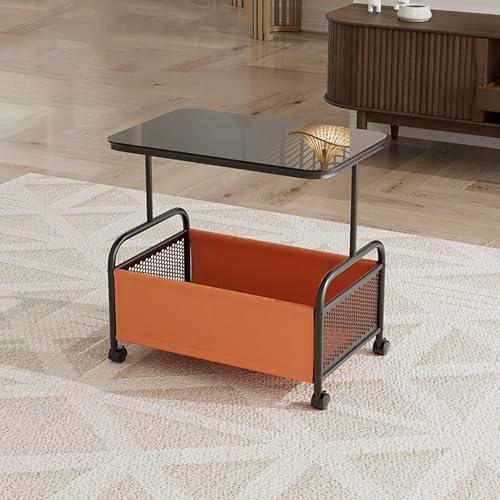 QTQHOME Mesa auxiliar con ruedas, mesas auxiliares de sofá con cesta de almacenamiento, mesa moderna para laptop, aperitivos, sala de estar (21.7 x 14.5 x 21.5 pulgadas, negro + negro)
