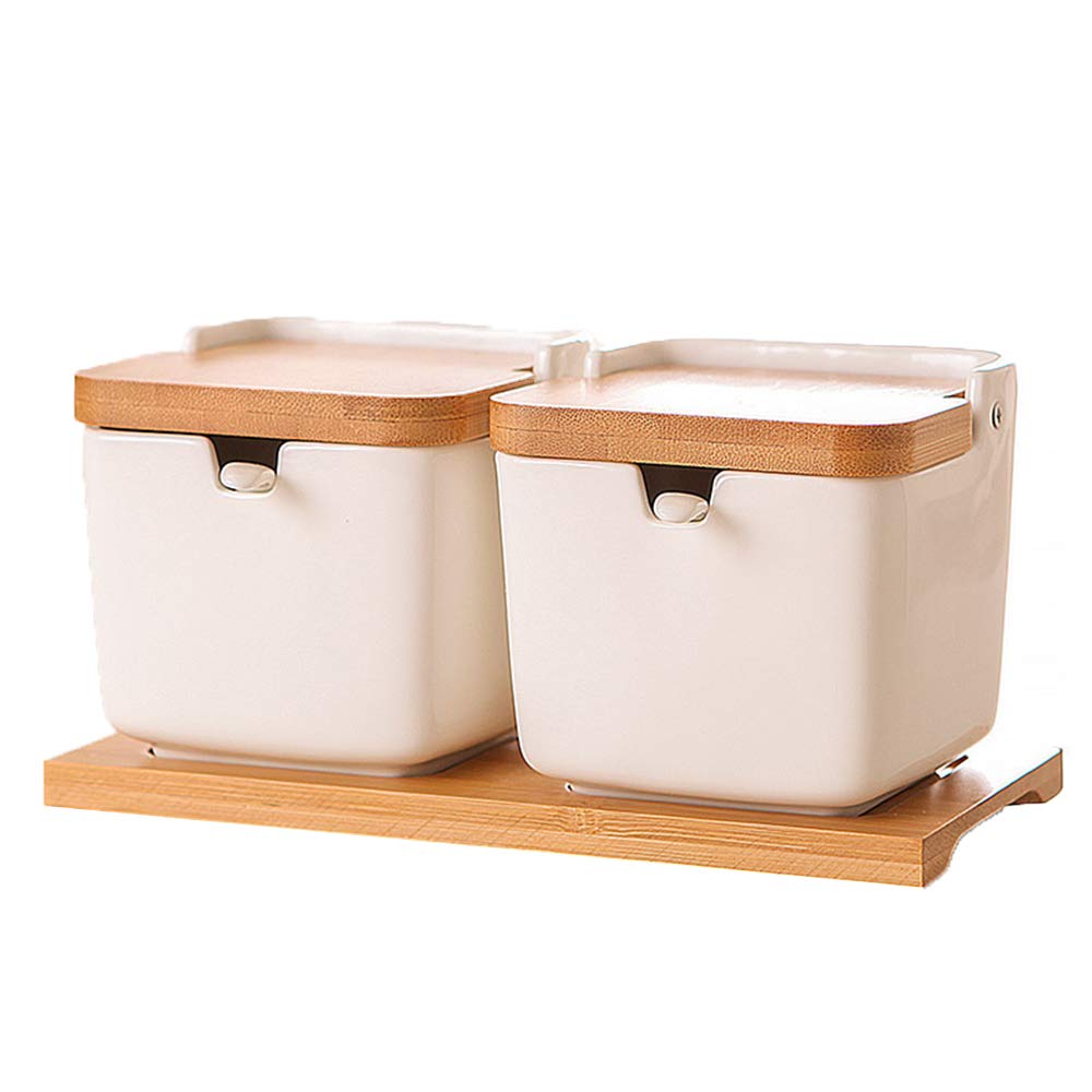Barattoli per spezie in ceramica con coperchio Barattoli per spezie in ceramica con coperchio a cucchiaio e vassoio, per cucina, zucchero, spezie, sale, confezione da 2 (confezione da 2)