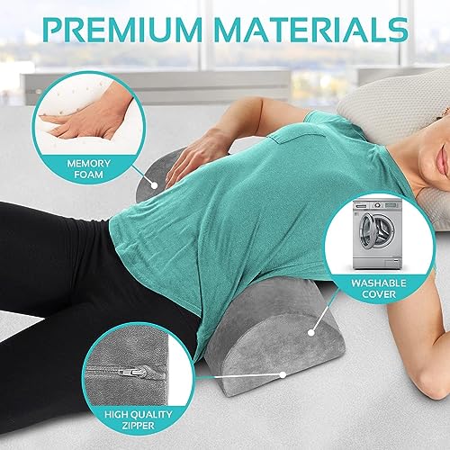 Image of CUSHIO Semi Roll Bolster Pillow | Memory Foam Half Moon Bolster Support Cushion for Neck, Back, Knees & Legs | Ergonomic Orthopedic Pillow with Soft Velvet Cover (Light Grey)