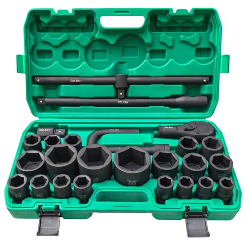 3/4 and 1 Impact Socket Set Standard 6 Point Metric Deep Drive Sockets 21-50 mm and 55-65 mm Cr-Mo Steel 26Pcs Heavy Duty Large Socket Set with Ratchet Wrench T Sliding Bar and Dedicated Case