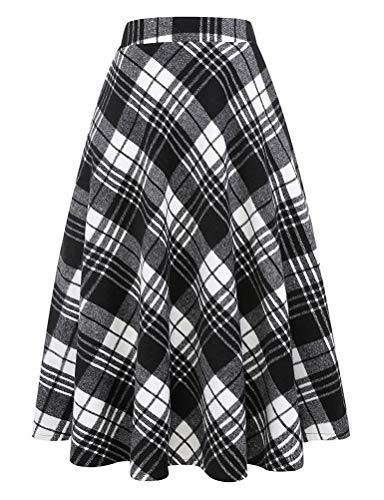 IDEALSANXUN Womens Plaid Wool Skirts Elastic Waist A-Line Pleated Tartan Midi Skirts (Medium, I2 Black&White)
