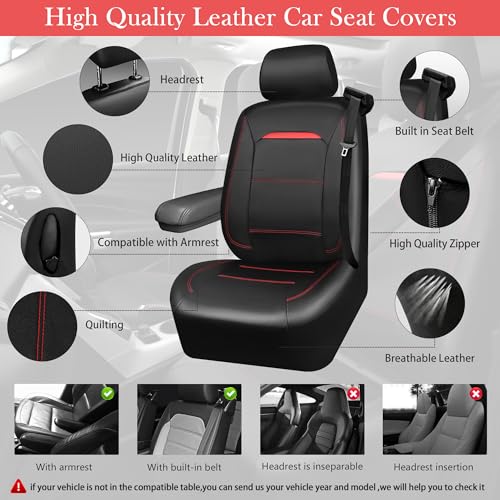 Image of CAR PASS Leather Car Seat Cover Full Set with Steering Wheel Cover and 2PCS Seat Belt Shoulder Pads,for Trucks and SUV with Built-in Seatbelts and Front Seat Side Armrests(Combo Set, Black and Red)