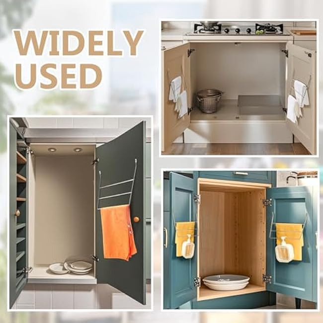 Blulu 2 Pcs Under Sink Towel Holder Door Mount Kitchen Towel Rack Wire Dish Rag Rack Hanger Holds 3 Folded Wipes Chrome Cabinet Towel Bar 3 Tier Dish Towel Holder for Kitchen Cabinets Door Bathroom