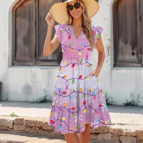 Image of Women's Casual Ruffle Sleeve Dress V Neck Pullover Dress Flowy A-Line Pleated Lightweight Dress with Pockets
