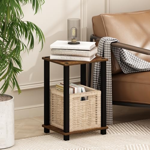 Furinno Simplistic Toolless Assembly Side Table, Rustic Brown 2-Tier End Table, Open Shelf Night Stand, Bedside Table for Living Room, Bedroom, Home Office, Amber Oak/Black - image 1