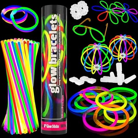 100 Glow Sticks Bulk Pack, Ultra Bright 8-Inch Bracelets, Multi-Colored, Ideal for Parties, Concerts, Includes Connectors - Premium Quality Glow in The Dark Stick Bracelets for Adults and Children Cover