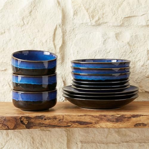 Image of Ceramic Plate and Bowl Set, 16 Pieces, Dinnerware Set, Serves 4, Modern Dinner Salad Plate | Cereal Bowl, Microwave and Dishwasher Safe Kitchenware, Starry Blue