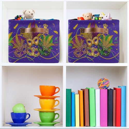 Image of Mardi Gras Purple Storage Basket with Waterproof Liner and PU Handles Masquerade Mask Fleur de Lis Storage Bins Boxes 14.2 inch Collapsible Decorative Organizer Baskets for Bedroom Closet Office 1 Pack