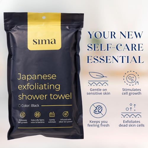 exfoliating washcloth face amp body scrub towel - japanese exfoliating towel with hexagon fibers body scrubber with 2 sides for scrubbing amp washing extra long body towel black