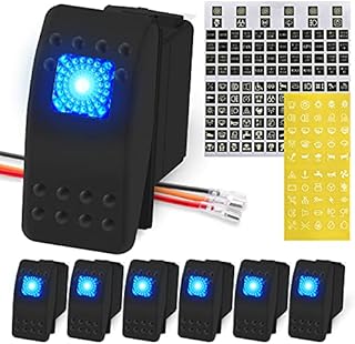 DaierTek Marine Boat Rocker Switch 12V, Lighted Blue LED Waterproof Rocker Switch 12 Volt for UTV RZR SPST 3 Pin ON/Off 20A Heavy Duty with Night Glow Sticker -7Pack