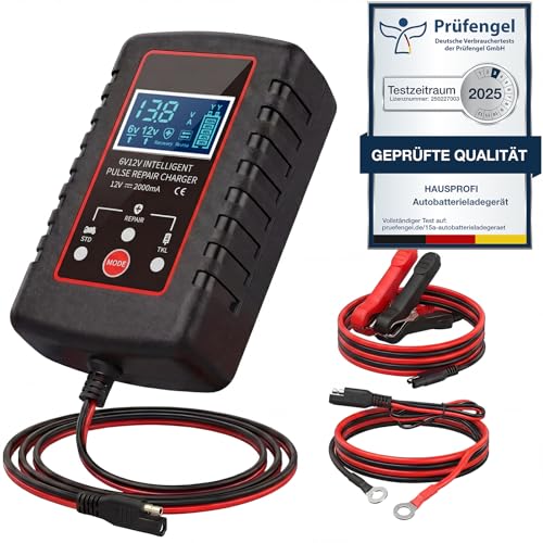 HAUSPROFI Autobatterie Ladegerät 2A 12V/6V für Auto & Motorrad KFZ Batterieladegerät 12V Erhaltungsladegerät mit Desulfator Start ab 0 3V Prüfengel Getestet für AGM Gel Blei-Säure