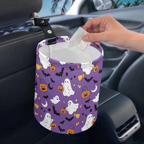 Image of Purple Ghost Bat Trash Can for Car Garbage Can for Back Seat Leak Proof with Adjustable Buttons Auto Accessories for Women Interior