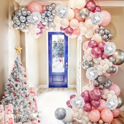 Image of Pink Winter Wonderland Balloons, 60PCS Pearl White & Pink Double Stuffed Balloons, Metallic pink Silver and Snow Balloon for Princess Ice Wonderland Baby Shower Christmas Birthday Party Decorations