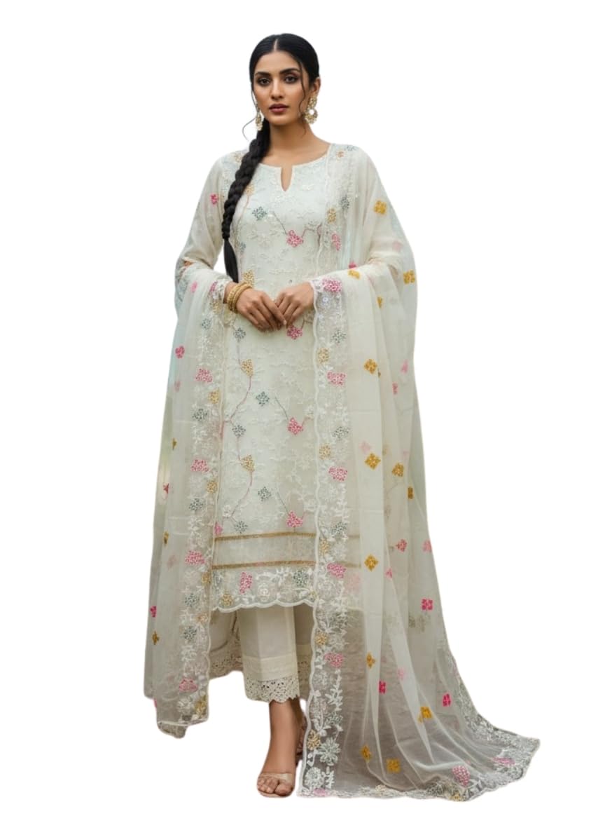 Women's Organza Silk Unstitch Salwar Suit, Multicolor Chain Stitch Embroidery, Unstitched Dress Material with Border Work Dupatta, Sequence Work-image-19