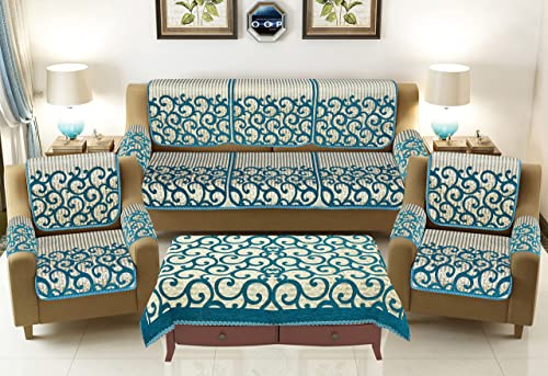 Image of SAWNA Homes 5 Seater Sofa Set with Center Table Cover for Living Comfort - 3 and 2 Seater Arm Cover Set for Home Sofa Couch - 16 Pcs Chenille Slip Cover for Furniture Protector, Sky