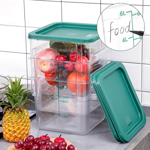 Image of Ziliny 3 Sets 6 Qt Square Food Storage Containers with Lids Dough Proofing Bucket Commercial Polycarbonate Containers with Scale Clear Airtight Cereal for Pantry Home Restaurant (Green)