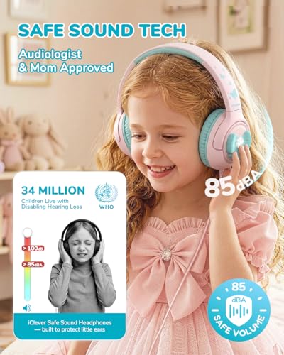 Image of iClever C371 USB C Headphones for Kids, 85dBA Safe Sound, Over-Ear Foldable Kids Headphones with Cord, Boys Girls Toddler Headphones for School Travel Chromebook Tablet iPad, Cloud Pink