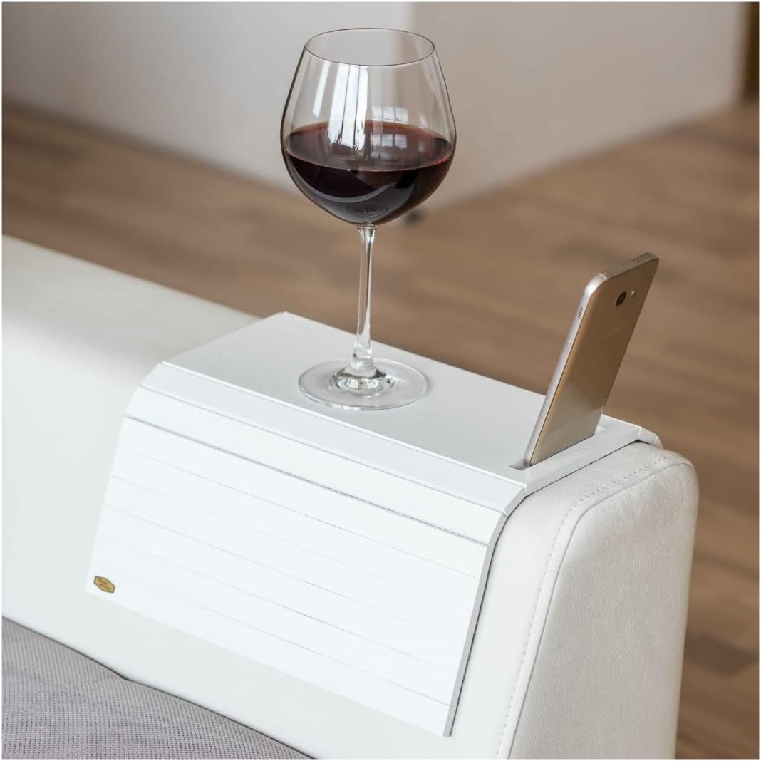 Sofa arm Tray Table Couch Bedside Wood Coaster Coffee Cup Foldable armrest Caddy end Protector Folding Living Room Furniture mat tv Chair Tables Trays with Phone (White)