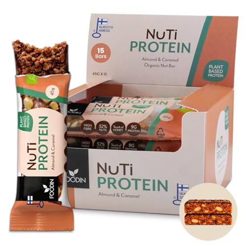 FOODIN NUTI Barritas de proteínas, barritas de nueces saludables con 50% de nueces orgánicas y 9 g de proteínas vegetales, almendras y caramelo (15 x 45 g), sin gluten, sin azúcar, aperitivos ricos en