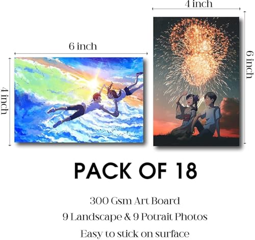 Image of ATEVON Weathering With You Wall Poster Set - Pack of 18 Mini Collage Prints (6x4 Inch) Featuring Makoto Shinkai's Art - Japanese Manga Room Decor, Unframed Wall Decoration for Fans