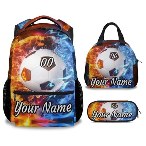 Personalized Soccer Backpack with Lunch Box - Set of 3 School Backpacks Matching Combo - Durable Colorful Bookbag and Pencil Case Bundle